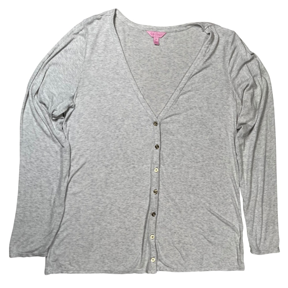 Lilly Pulitzer Cardigan Women XL Gray Ribbed Button‎ Front Long Sleeve Casual